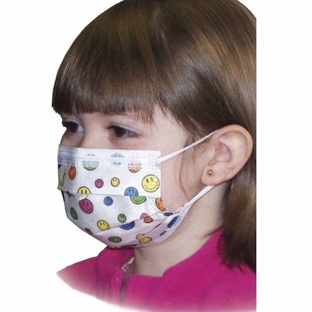 Precept Childrens Mask Procedure Mask Pleated Earloops One Size Fits Most Kid Design Happy Face Print Pediatric, 75PK 15150